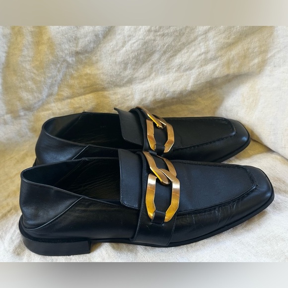 Frame Le Miramar Black Leather Chain Embellished Collapsible Heel Loafer Size 40 - Picture 6 of 15